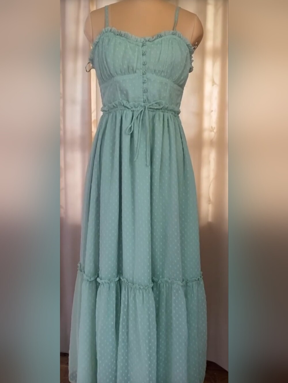 Pateons Of Peace Green Polka Dot Shirred Ruffle Flowy Maxi Dress, Sz S